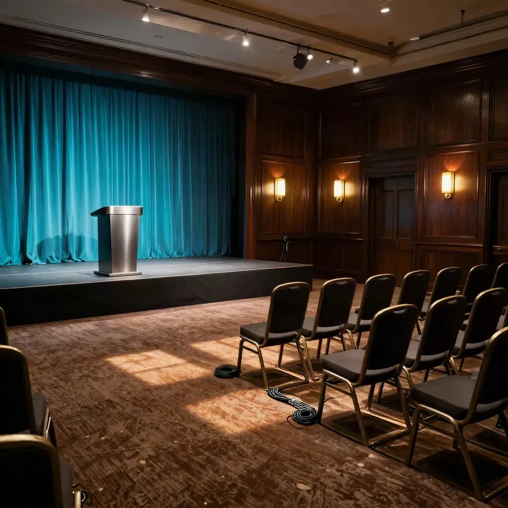 Empty conference ballroom with lit stage, podium, cyan uplights, and aligned chairs