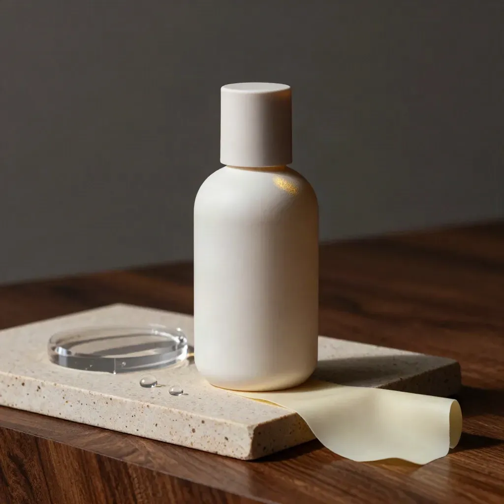 Matte skincare bottle on stone plinth with acrylic riser, droplet beads, and warm editorial light.