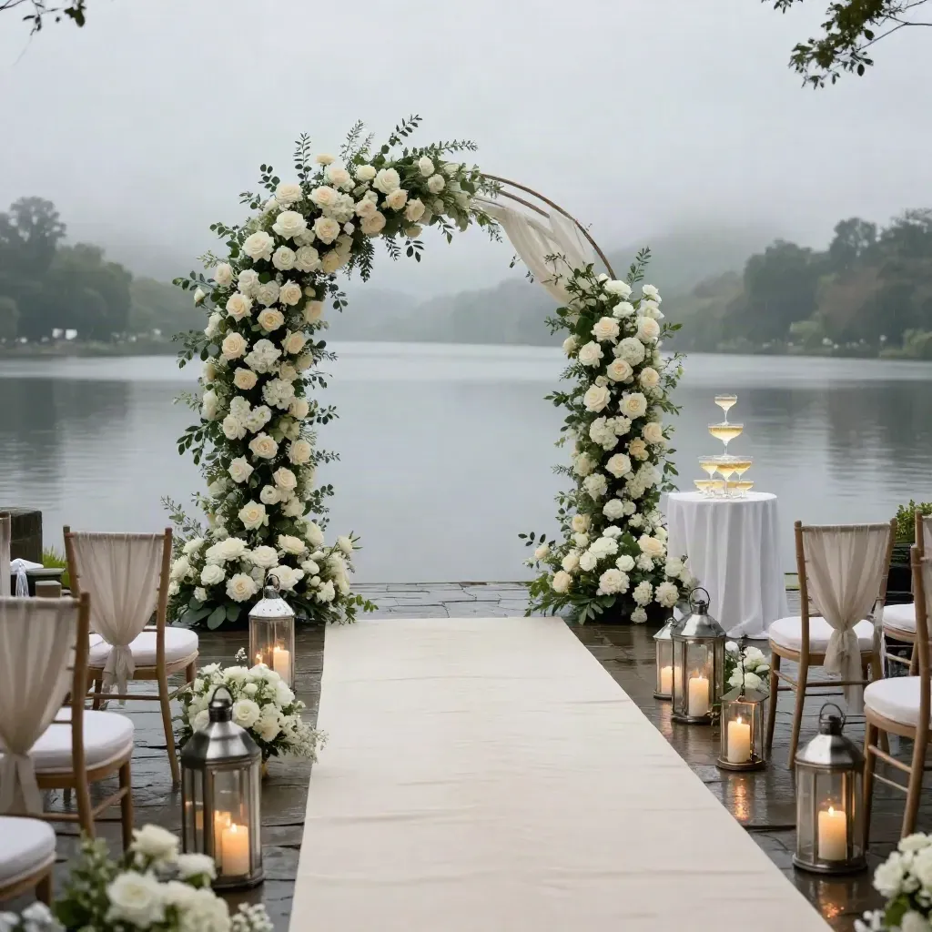 Lakefront wedding ceremony setup with floral arch, candle lanterns, ivory aisle runner, and champagne tower.
