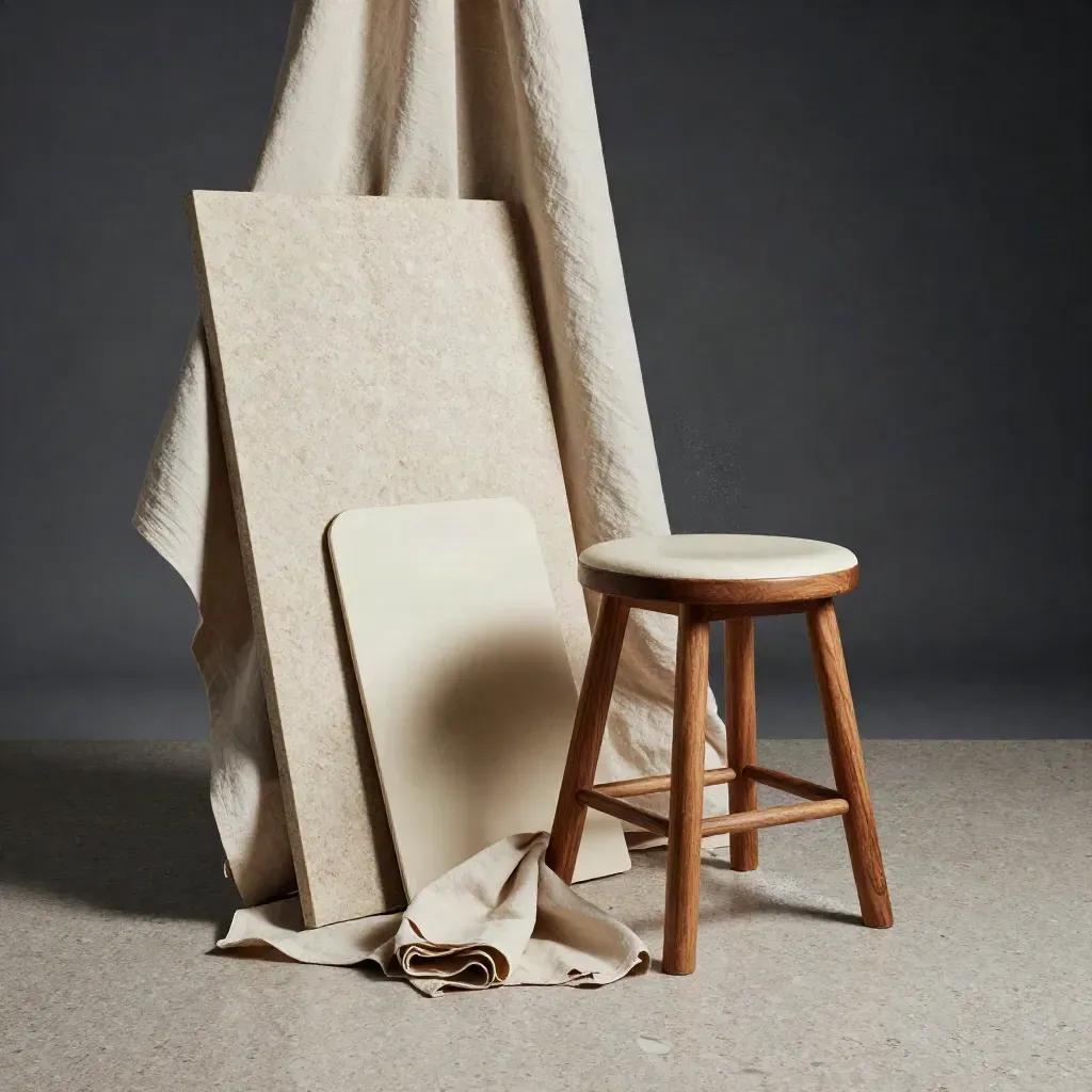 Portrait session set with linen backdrop, stool, reflector board and neutral props in soft drifting powder.