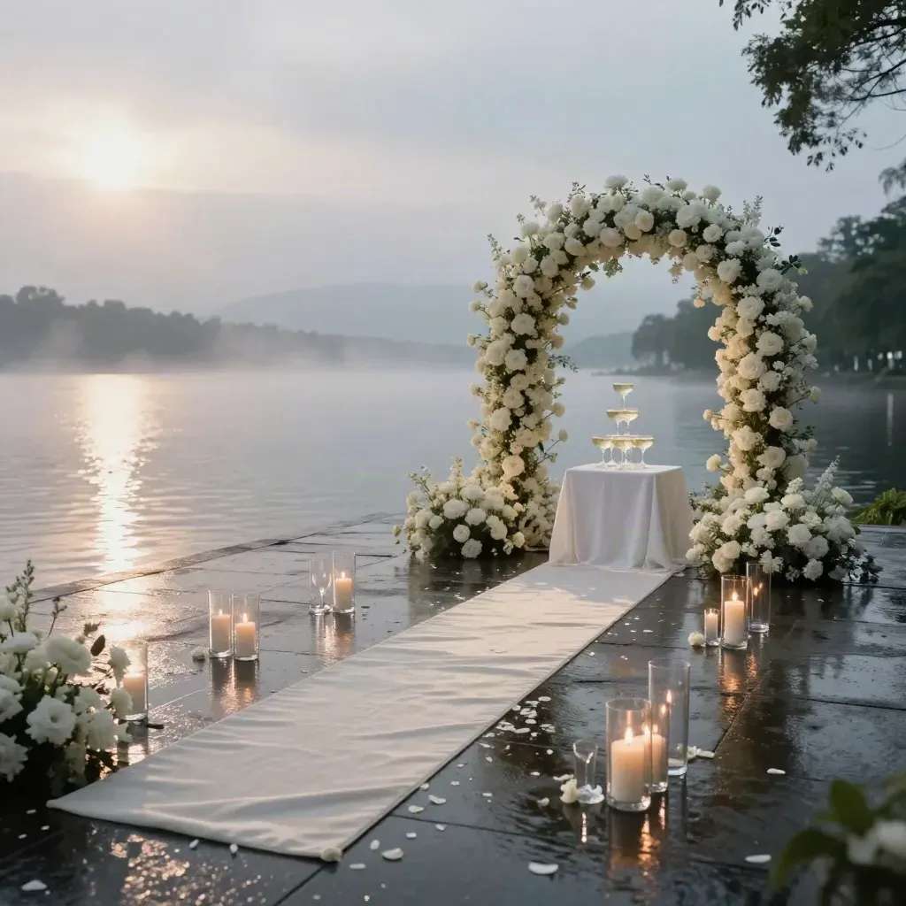 Rain-kissed lakeside wedding terrace with floral arch, candles, and champagne tower at dusk.