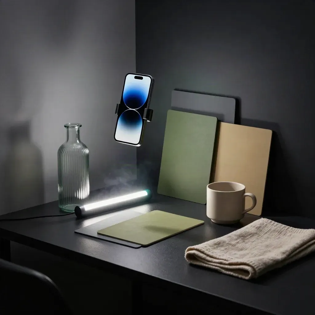 Social content setup with smartphone, LED tube, backdrop cards and props on a black table.