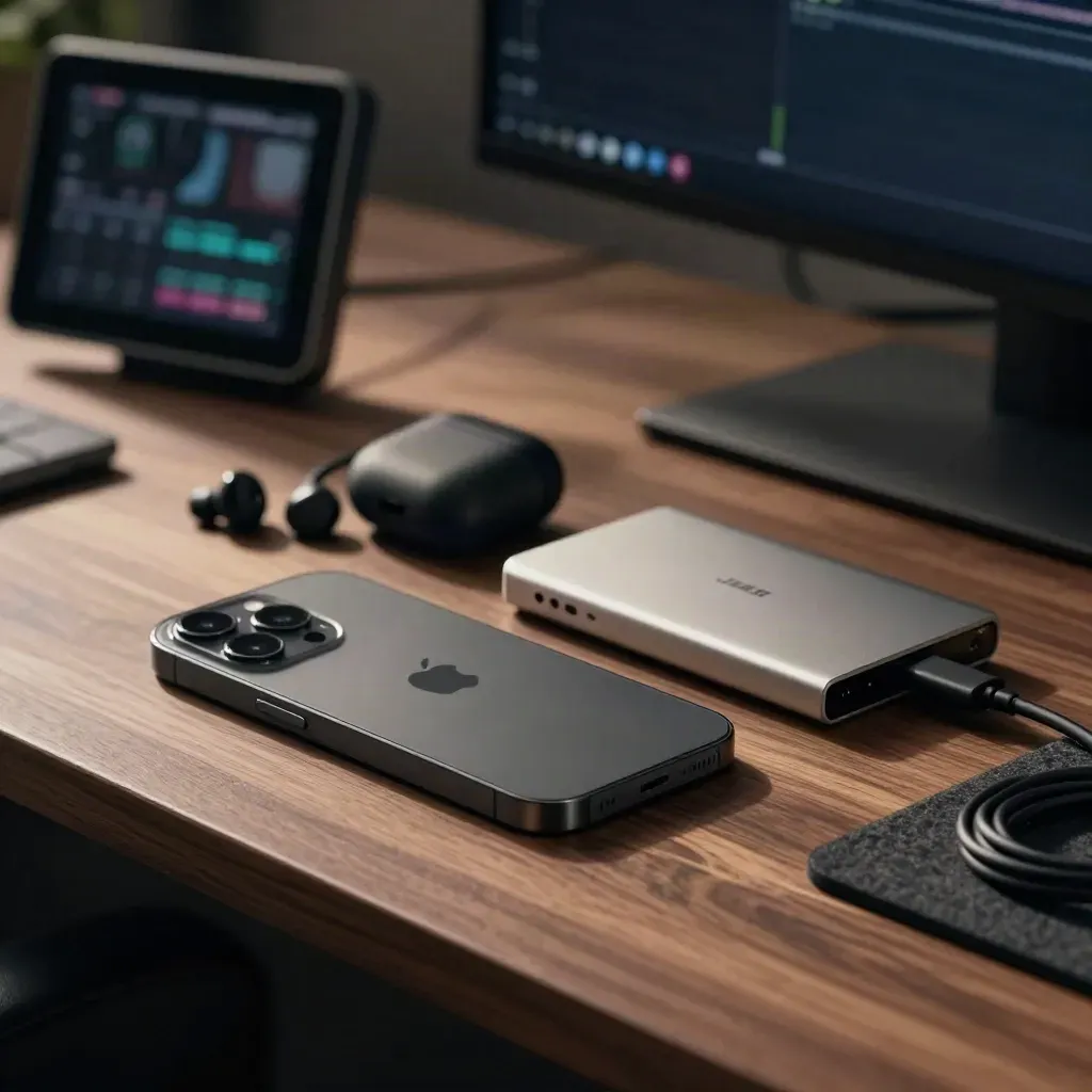 Smartphone, earbuds, SSD and blurred monitor on a warm editing bench in golden light.