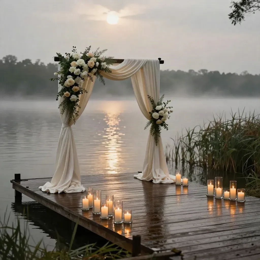 Empty lakefront wedding arch with candles, florals, mist, and water at dusk.