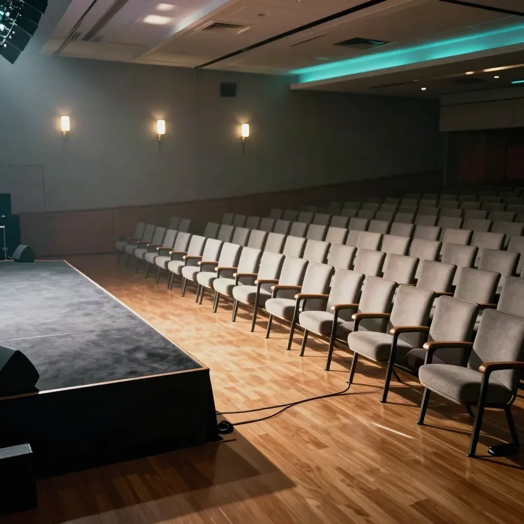 Empty summit ballroom with stage, cyan uplights, and neatly reset seats in late-afternoon glow