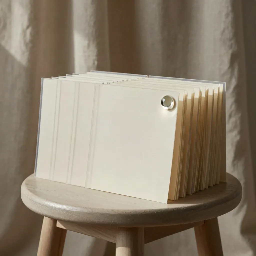 Macro of 24 print sleeves and linen backdrop in a ready headshot station, lit softly from upper left.