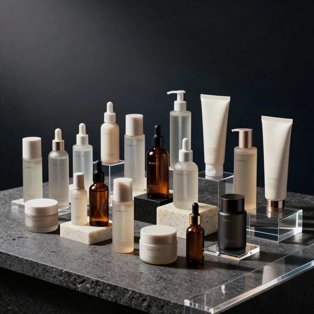 Aligned skincare and home goods on acrylic risers in a moody studio setup.
