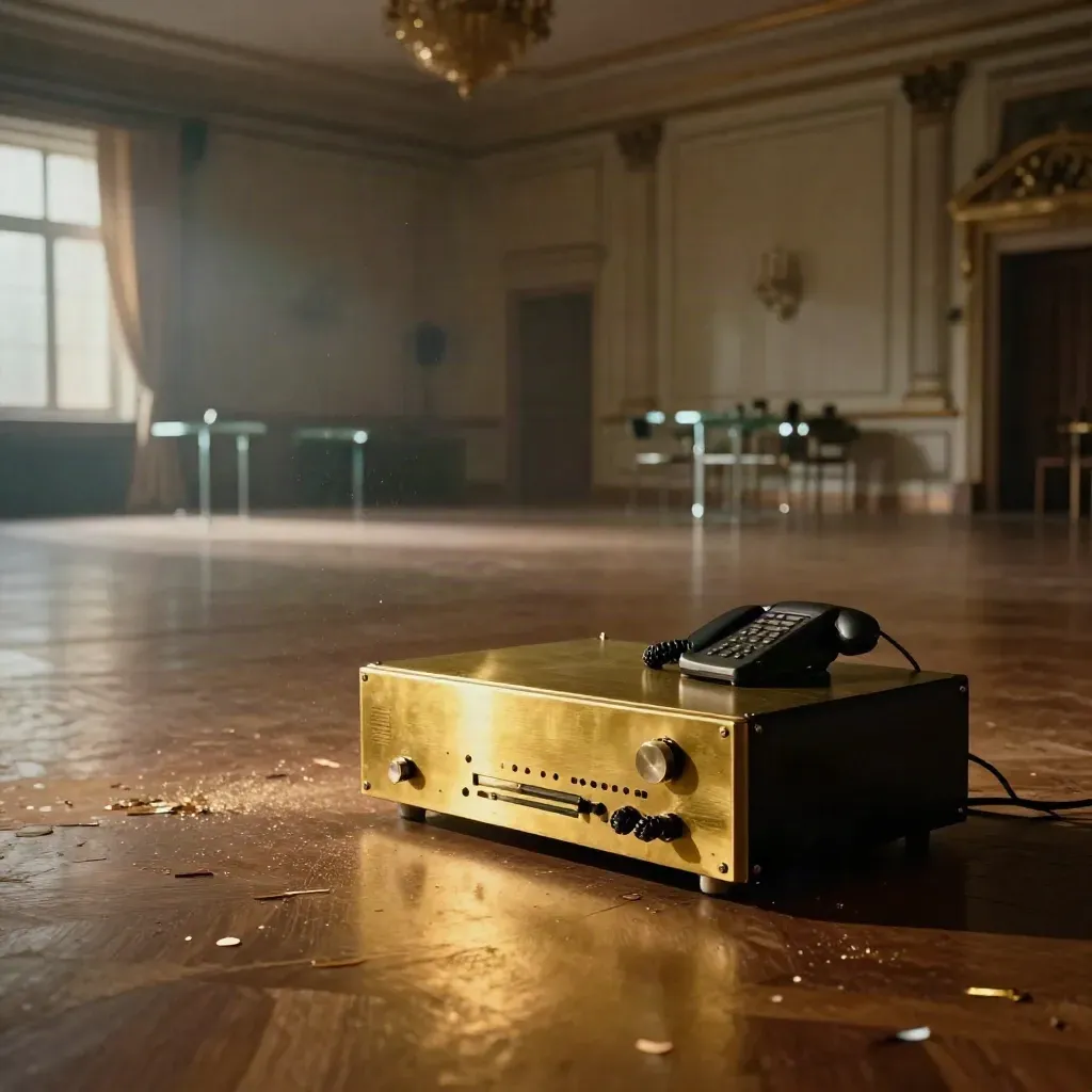 Empty ballroom after a gala, glowing uplights, confetti traces, recorder beside a turned-away phone.