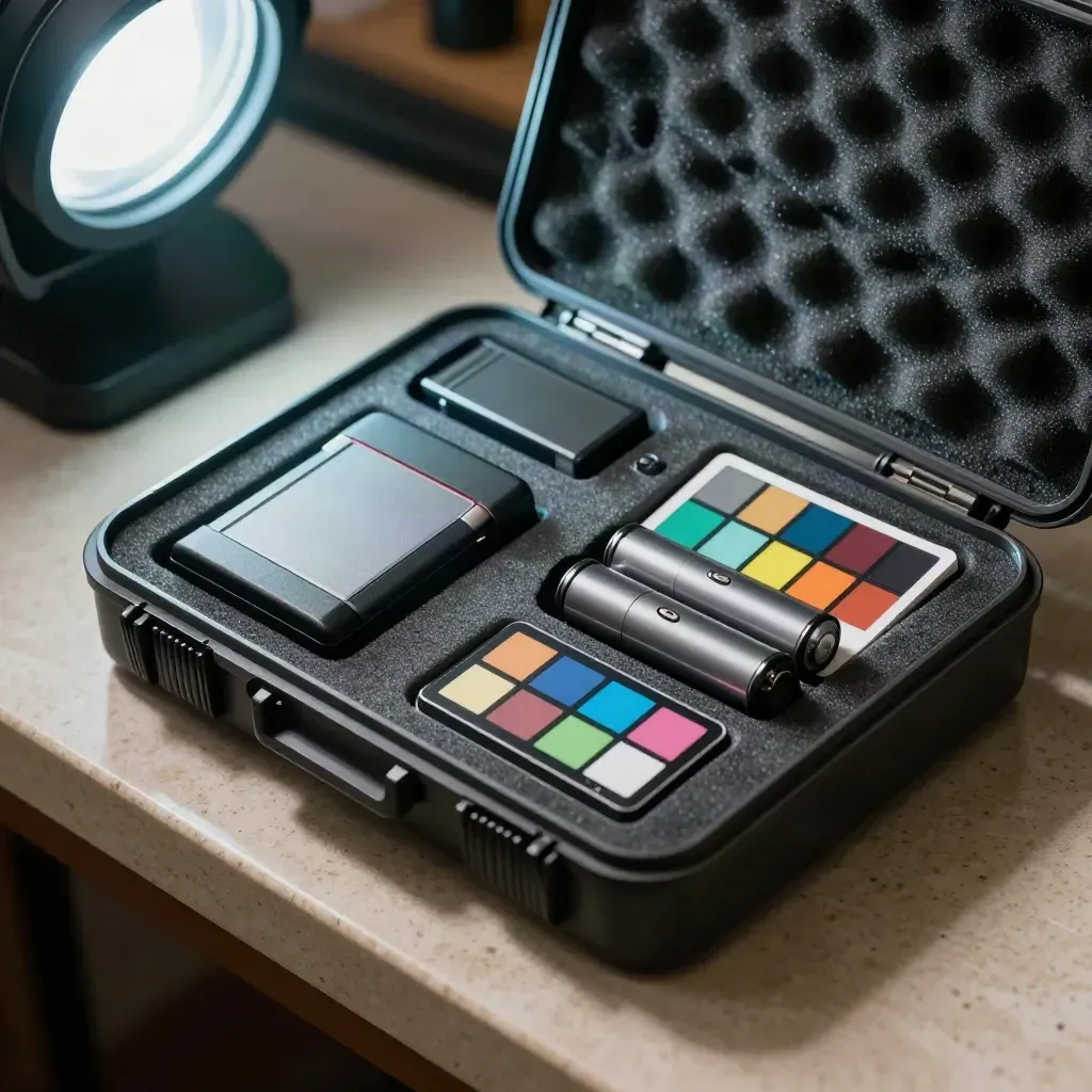 Macro of photographer tools on travertine: color checker, trigger, batteries, and memory card case.