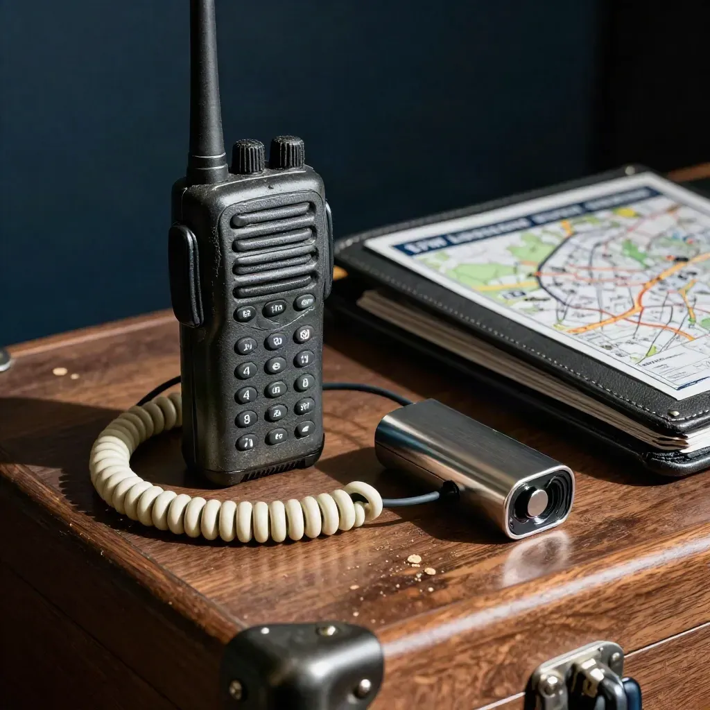Radio, earpiece coil, backup battery, and venue map case on a walnut trunk