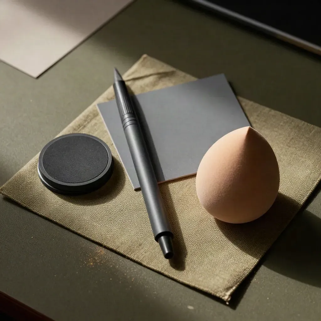 Top-down retouch tools on khaki linen: stylus, calibration puck, gray card, and makeup sponge.