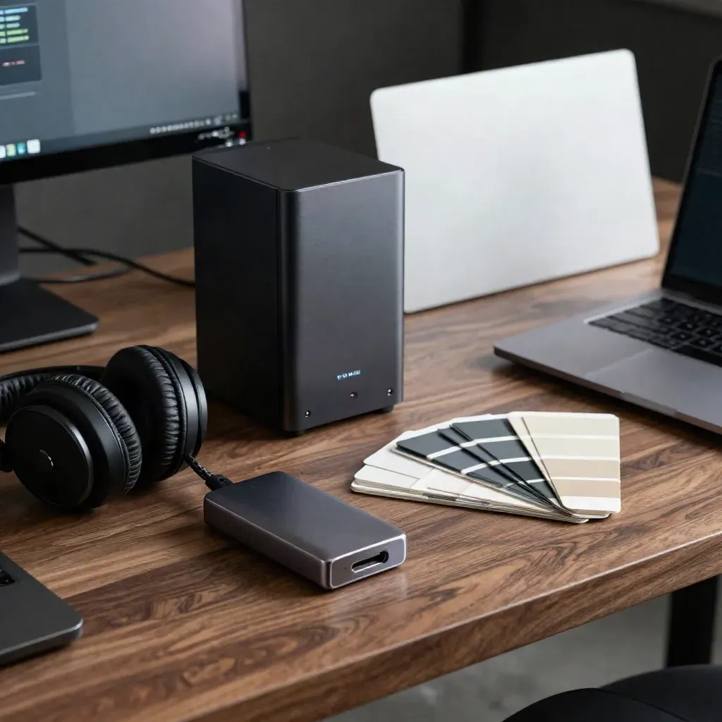 Export station still life with SSD tower, headphones, USB-C hub and color cards on a walnut bench.