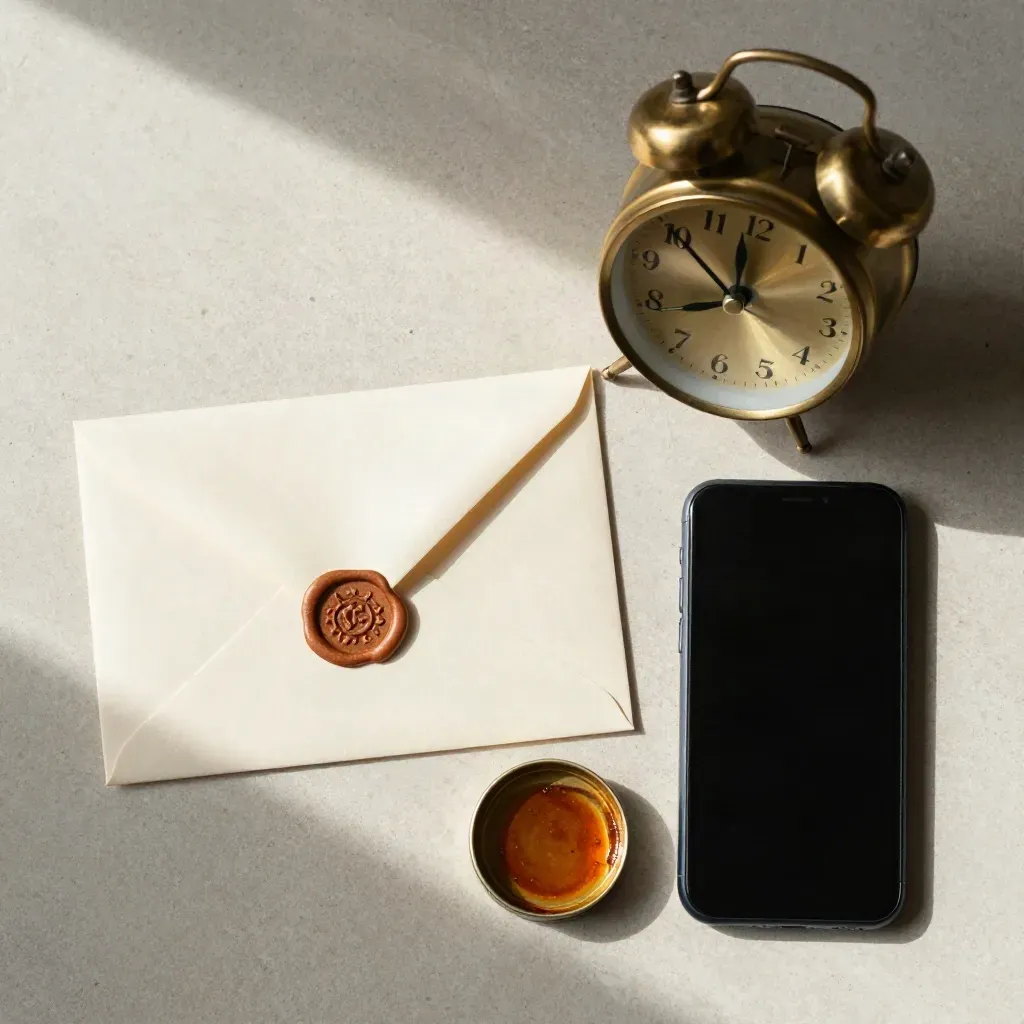 Overhead flatlay of an envelope, brass clock, phone, and wax seal tin on stone