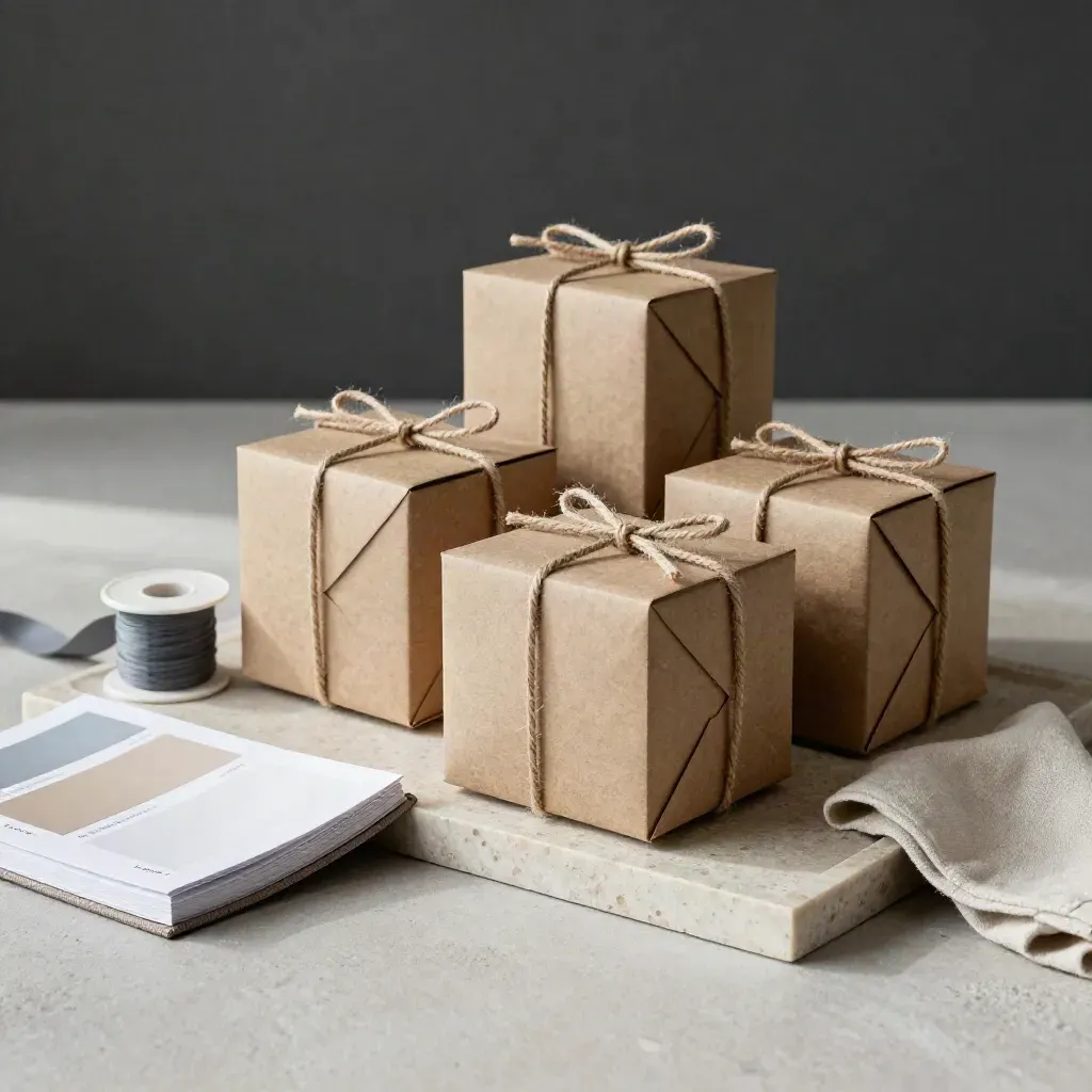 Package boxes, swatch book and ribbon spool on a limestone tray in soft side light.