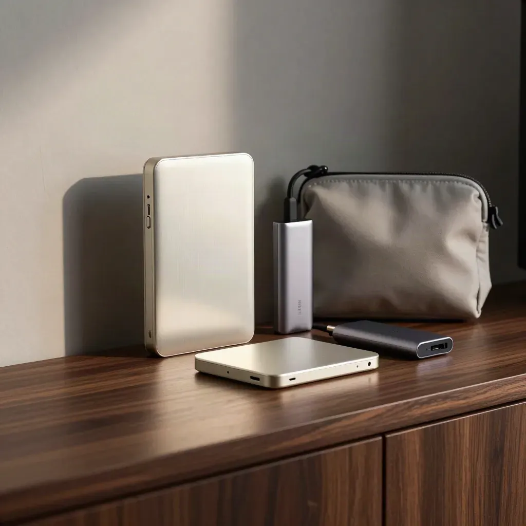 External SSD, archive drive, USB-C hub and courier pouch on a dark wood ledge