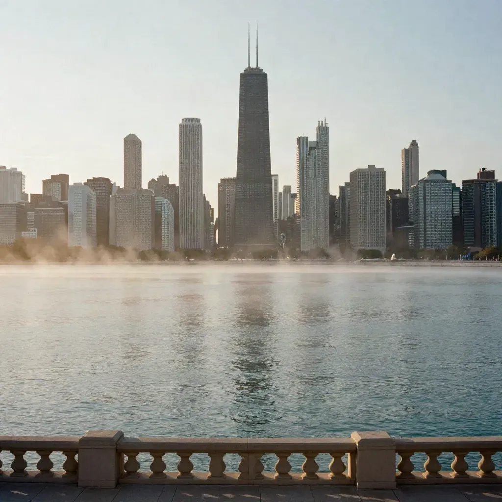 Hazy Chicago skyline over calm Lake Michigan at dawn with warm light.