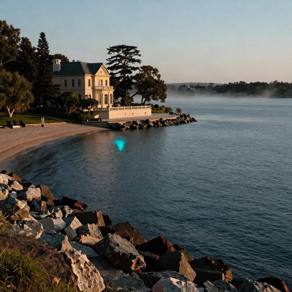 Golden North Shore lakefront with mansion silhouette, terrace, breakwater, and calm misty water.