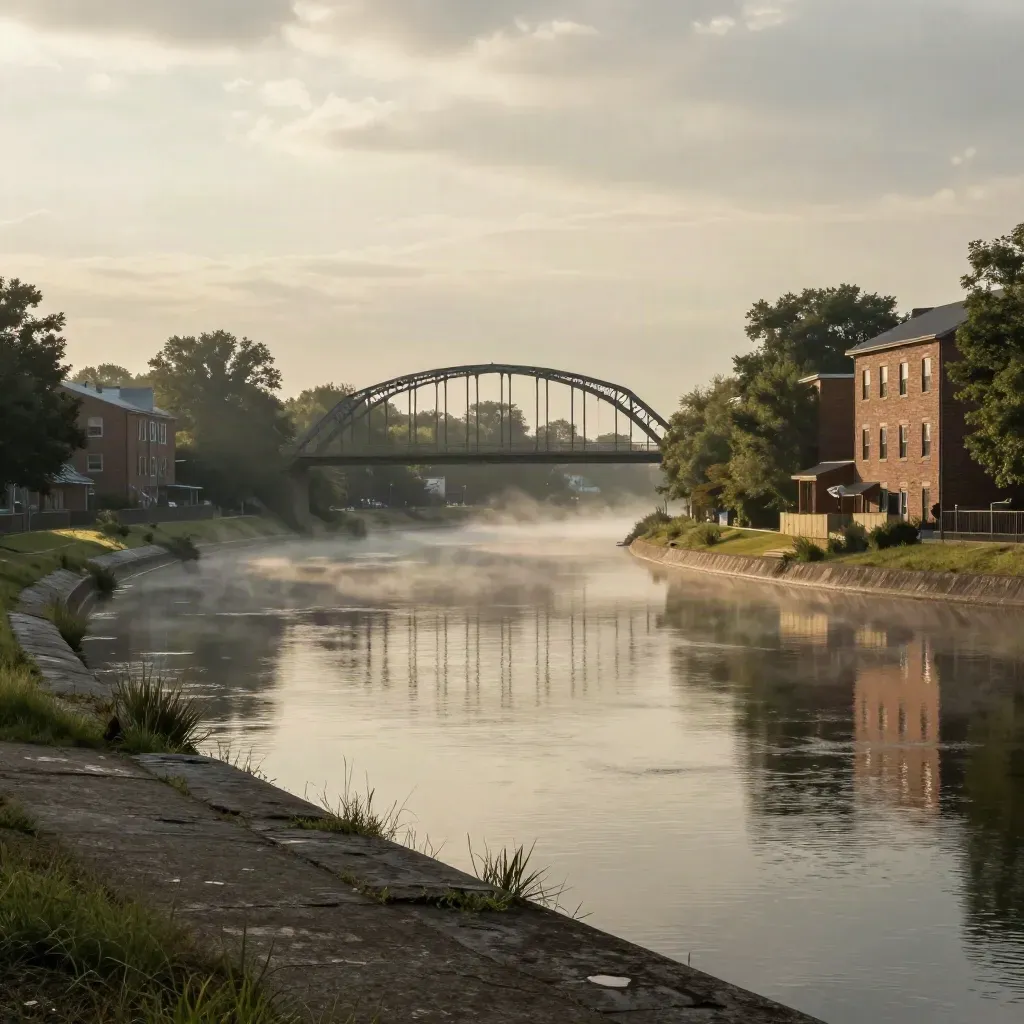 Hazy West Suburbs river corridor with bridge, brick buildings, and calm water