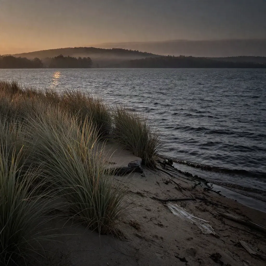 Sunset Lake County shoreline with dune grass, dark water, misty ridge, and open copy space